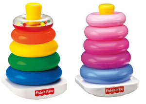 Gendered infant toys - two version of the Fisher-Price ring stacker